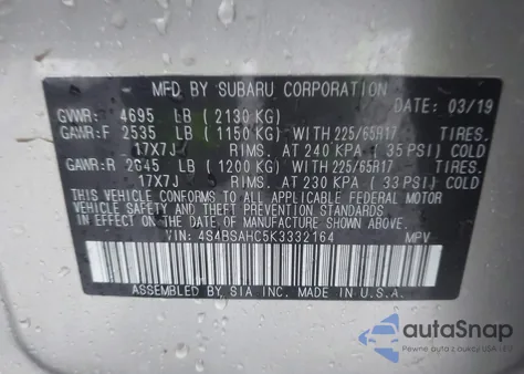 2019 Subaru Outback 2.5I Premium from USA, damaged, VIN 4S4BSAHC5K3332164